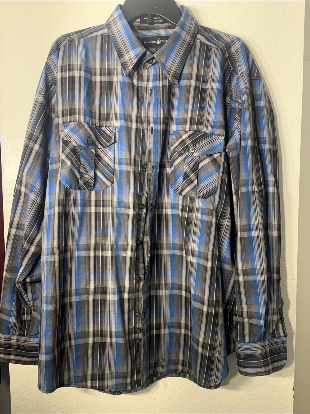 Beverly Hills Polo Club Blue Black Plaid Dress Shirt